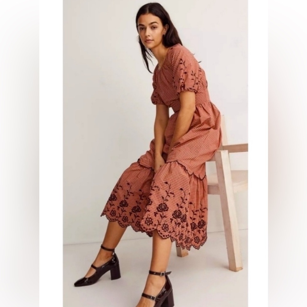 Madewell Red Plaid Puff Sleeves Embroidered Cotton MIDI Dress 00